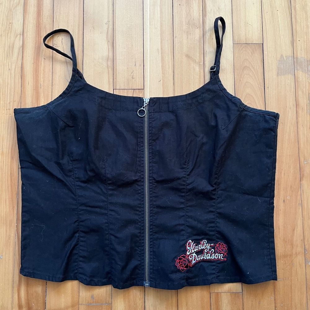 Harley Davidson Black Corset Style Cropped Top With Roses Zipper Size 1W